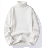 Men's slim fit turtleneck pullover sweater in cream - knitted polyester, long sleeve casual wear, front view