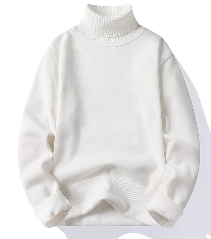 Men's slim fit turtleneck pullover sweater in cream - knitted polyester, long sleeve casual wear, front view