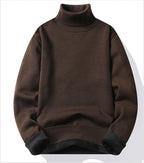 Men's slim fit turtleneck pullover sweater in dark brown - knitted polyester, long sleeve casual wear, front view