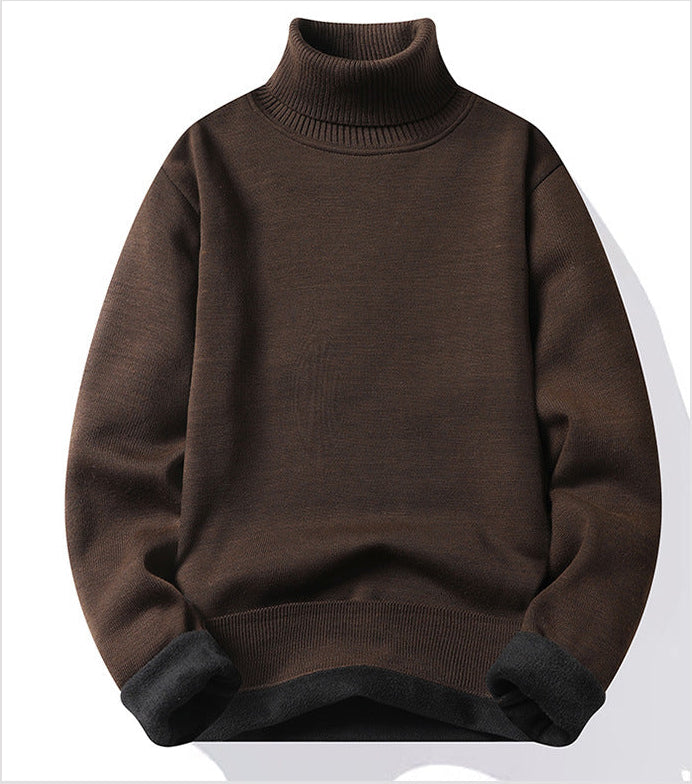 Men's slim fit turtleneck pullover sweater in dark brown - knitted polyester, long sleeve casual wear, front view