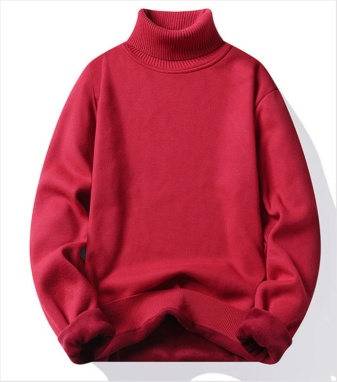 Men's slim fit turtleneck pullover sweater in dark red - knitted polyester, long sleeve casual wear, front view