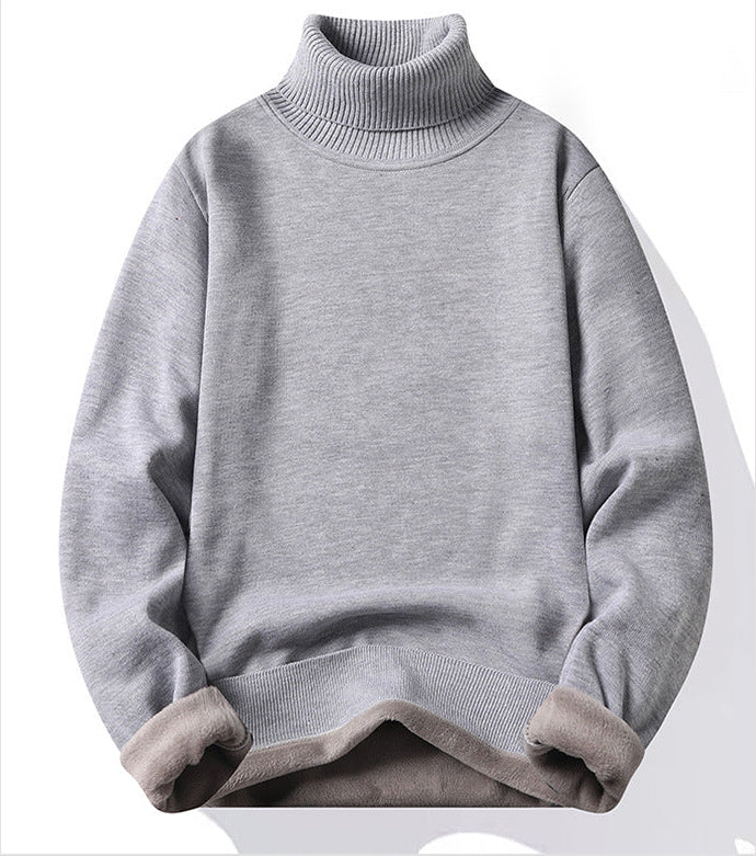 Men's slim fit turtleneck pullover sweater in light gray - knitted polyester, long sleeve casual wear, front view