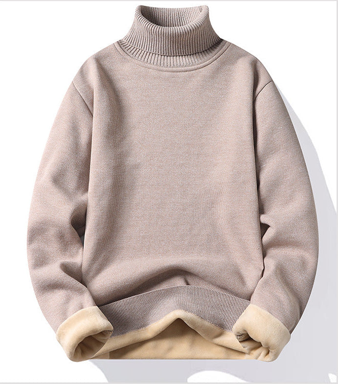 Men's slim fit turtleneck pullover sweater in taupe with cream cuffs - knitted polyester, long sleeve casual wear, front view