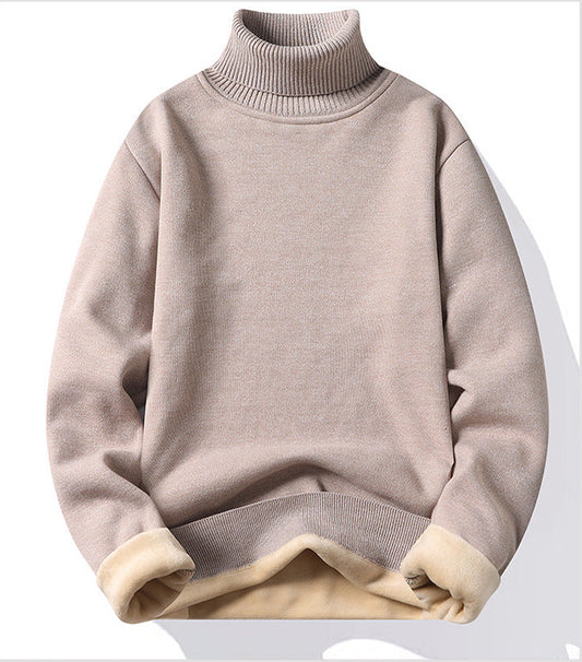 Men's slim fit turtleneck pullover sweater in taupe with cream cuffs - knitted polyester, long sleeve casual wear, front view