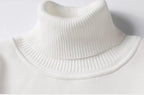 Close-up of ribbed turtleneck collar on men's white knitted pullover sweater - fine knit texture detail