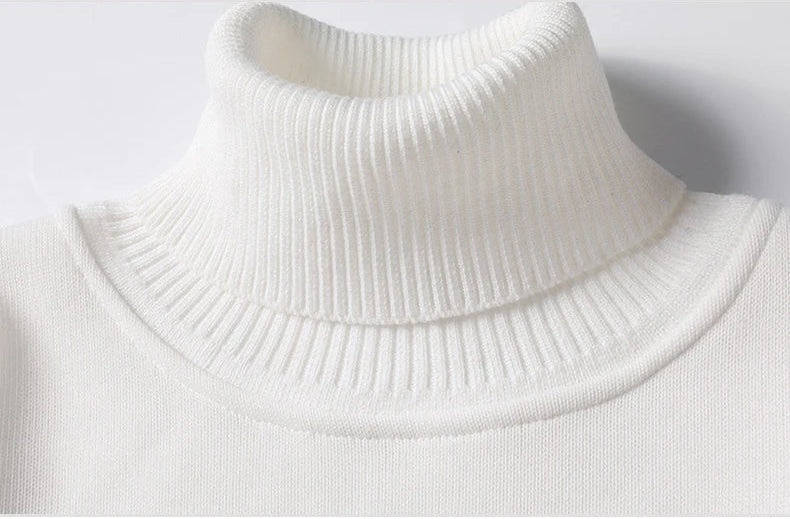 Close-up of ribbed turtleneck collar on men's white knitted pullover sweater - fine knit texture detail