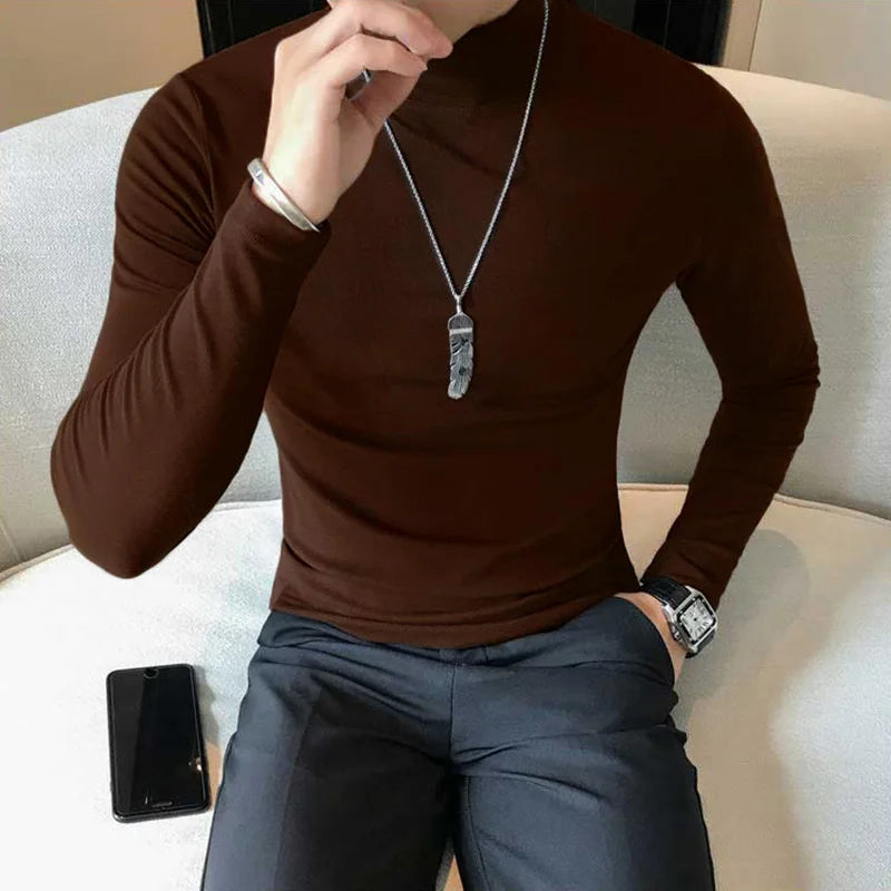 Men's turtleneck long sleeve shirt in dark brown - slim fit high elastic cotton pullover, front view styled on model with dark pants