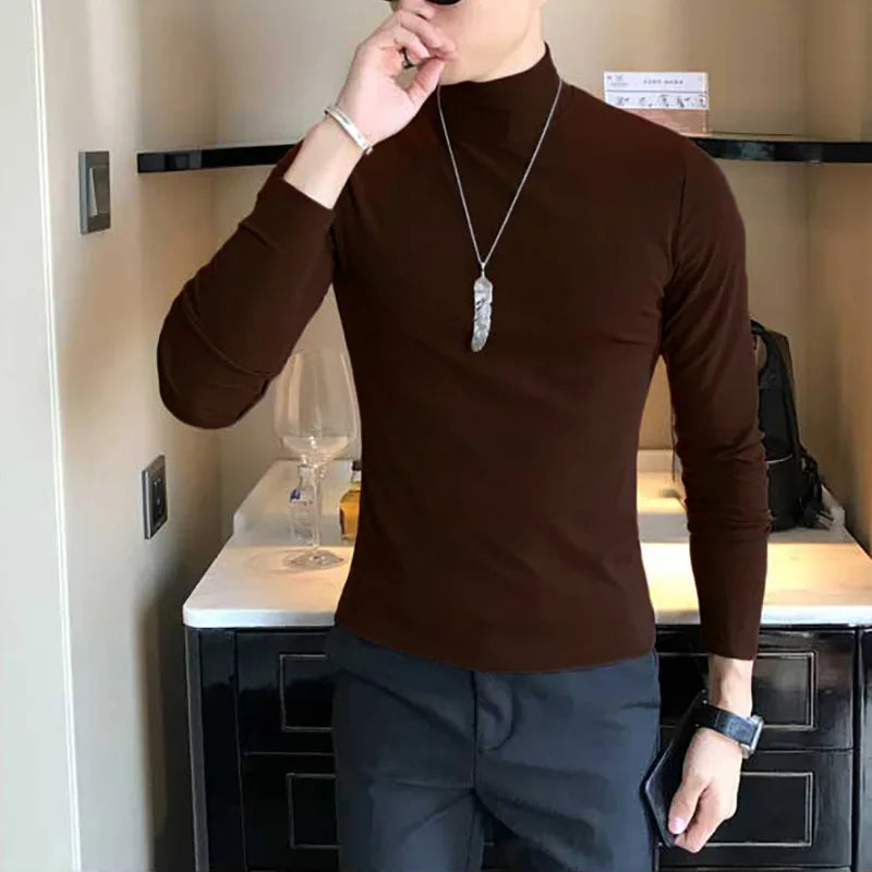 Men's turtleneck long sleeve shirt in dark brown - slim fit high elastic cotton pullover, full body front view styled on model with dark pants