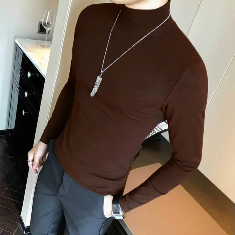 Men's turtleneck long sleeve shirt in dark brown - slim fit high elastic cotton pullover, side view styled on model with dark pants