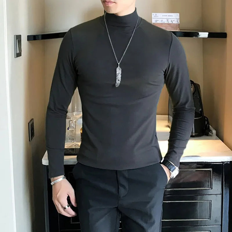 Men's turtleneck long sleeve shirt in dark gray - slim fit high elastic cotton pullover, full body front view styled on model with dark pants