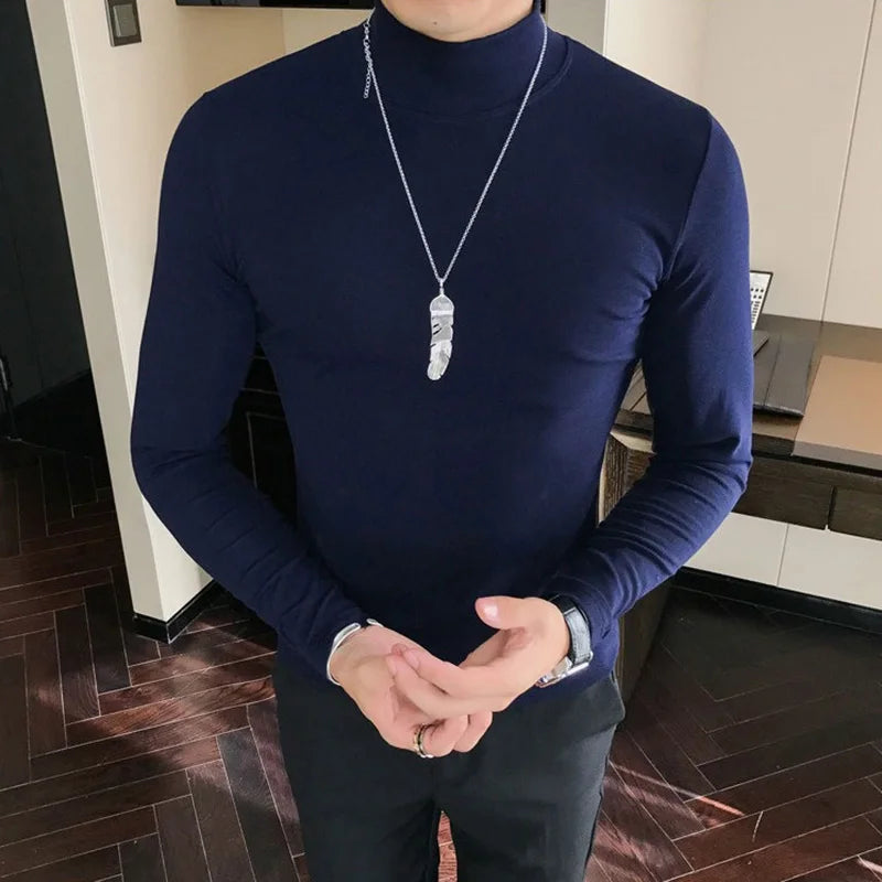 Men's turtleneck long sleeve shirt in dark navy - slim fit high elastic cotton pullover, full body front view styled on model with dark pants