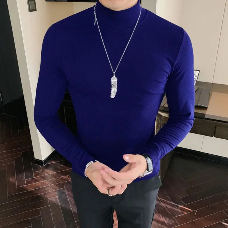 Men's turtleneck long sleeve shirt in navy blue - slim fit high elastic cotton pullover, full body front view styled on model with dark pants