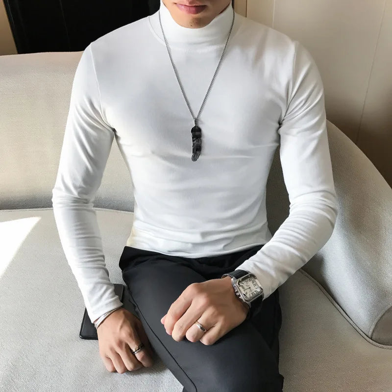 Men's turtleneck long sleeve shirt in white - slim fit high elastic cotton pullover, front view styled on model with dark pants