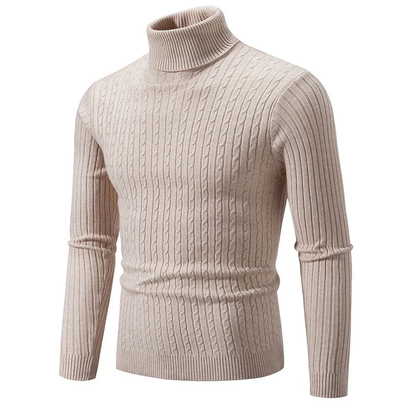Men's beige turtleneck cable knit pullover sweater, front view product shot