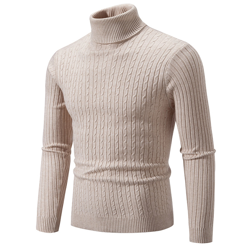 Men's beige turtleneck cable knit pullover sweater, front view