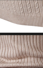 Close-up detail of beige turtleneck sweater showing ribbed cuff and hem knit texture