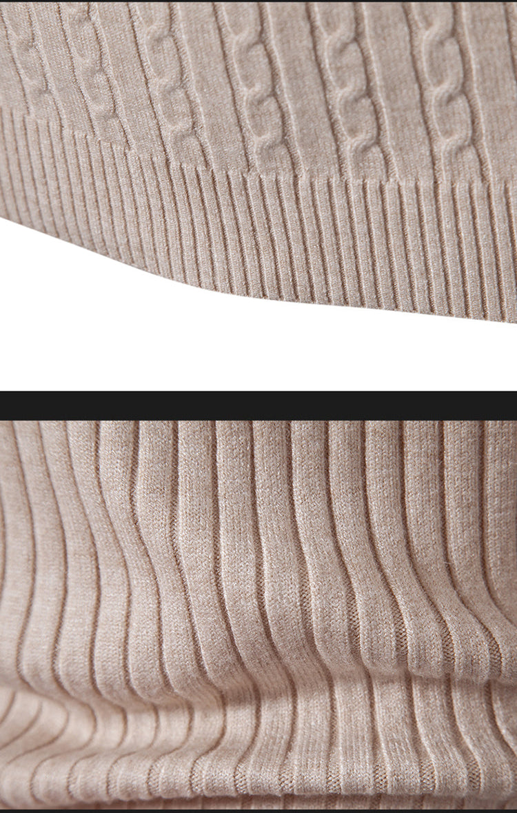 Close-up detail of beige turtleneck sweater showing ribbed cuff and hem knit texture