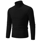 Men's black turtleneck cable knit pullover sweater, front view