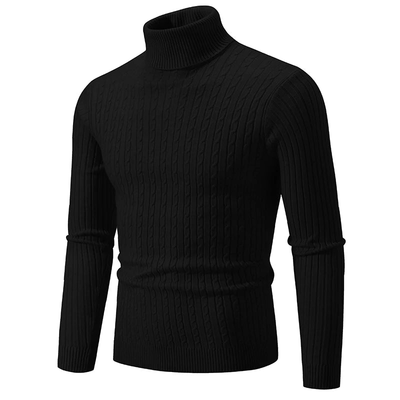 Men's black turtleneck slim fit knitted pullover sweater, front view product shot