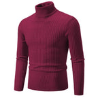 Men's burgundy wine red turtleneck cable knit pullover sweater, front view product shot
