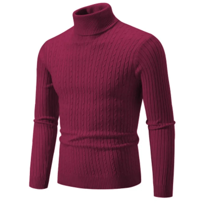 Men's burgundy wine red turtleneck cable knit pullover sweater, front view product shot