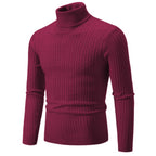 Men's burgundy turtleneck cable knit pullover sweater, front view