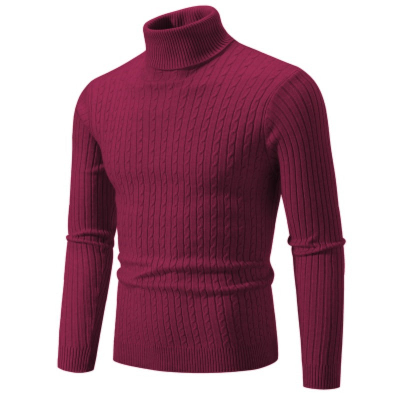 Men's burgundy turtleneck cable knit pullover sweater, front view