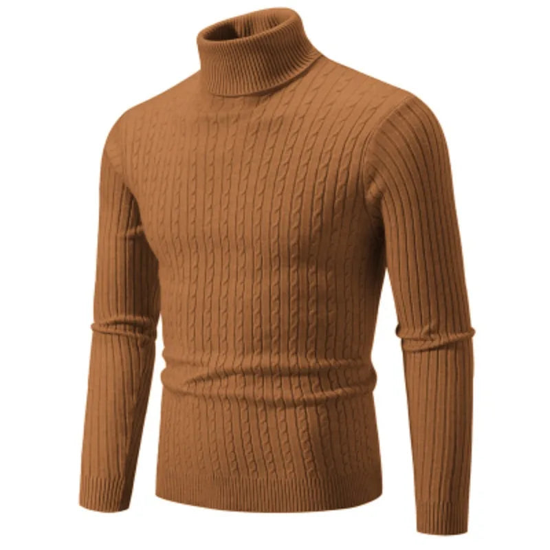 Men's camel brown turtleneck cable knit pullover sweater, front view product shot