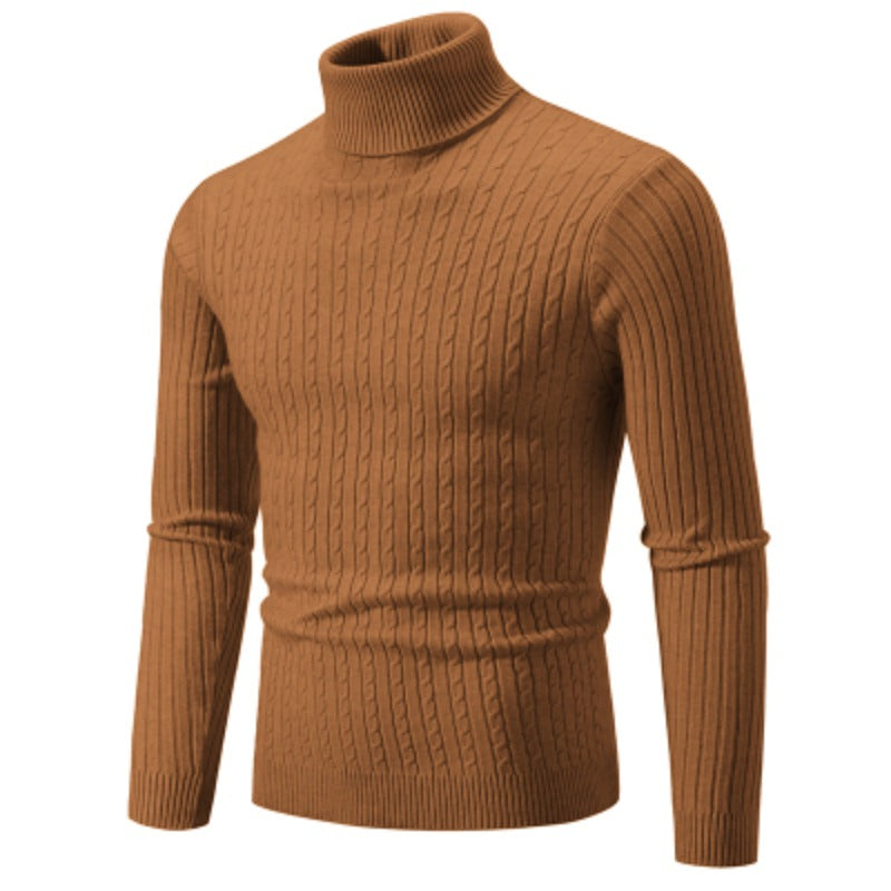 Men's camel turtleneck cable knit pullover sweater, front view