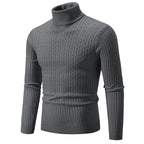 Men's dark gray turtleneck cable knit pullover sweater, front view product shot