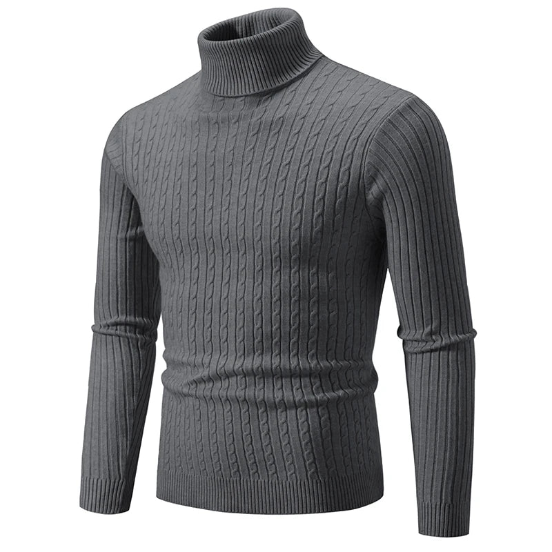 Men's dark gray turtleneck cable knit pullover sweater, front view product shot
