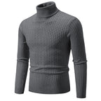 Men's dark gray turtleneck cable knit pullover sweater, front view