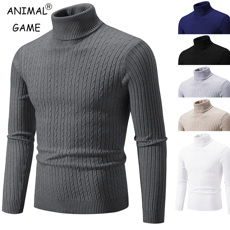 Men's turtleneck cable knit pullover sweater in gray, navy, black, white and beige - multi color collage front view