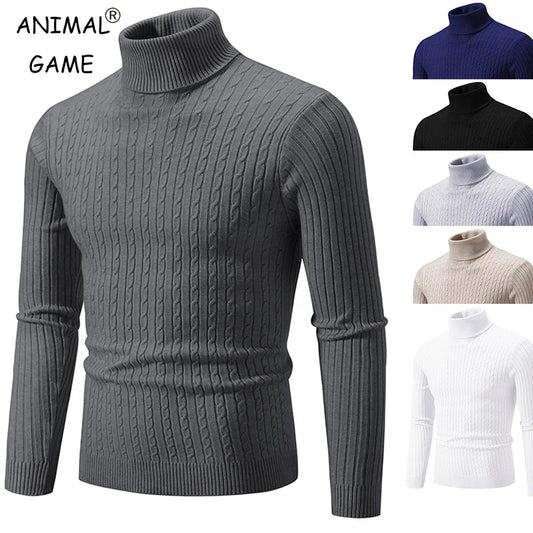 Men's turtleneck cable knit pullover sweater in gray, navy, black, white and beige - multi color collage front view