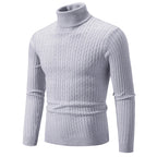Men's light gray turtleneck cable knit pullover sweater, front view product shot