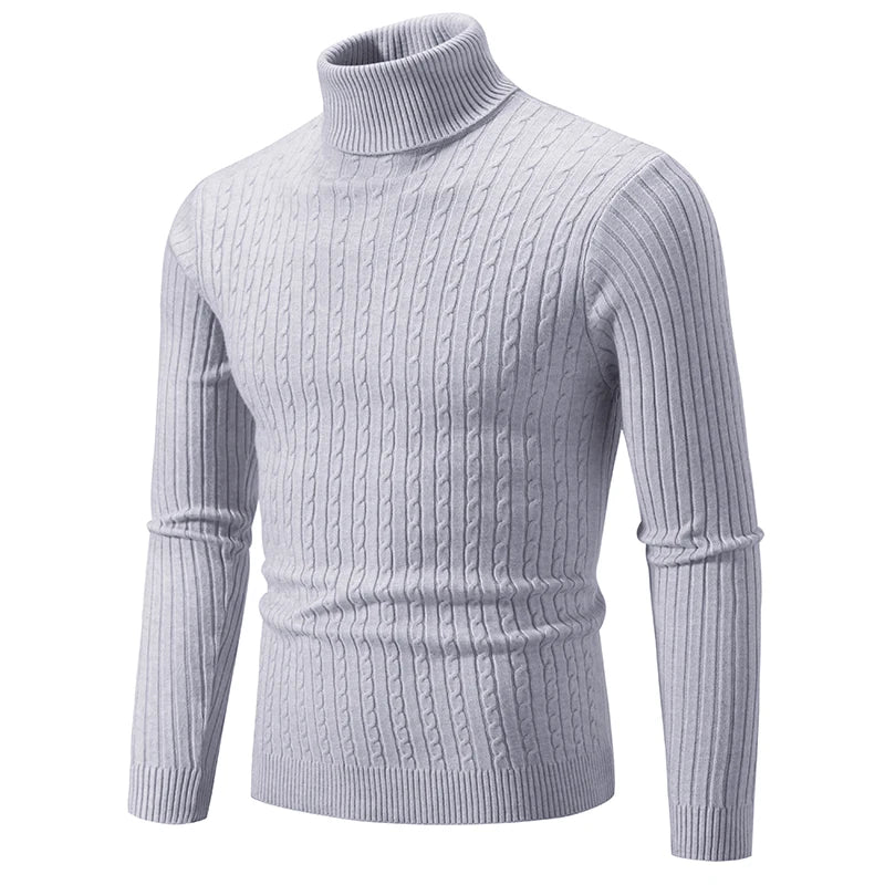Men's light gray turtleneck cable knit pullover sweater, front view product shot