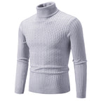 Men's light gray turtleneck cable knit pullover sweater, front view