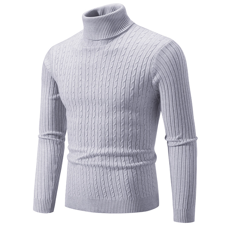 Men's light gray turtleneck cable knit pullover sweater, front view
