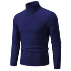 Men's navy blue turtleneck cable knit pullover sweater, front view product shot