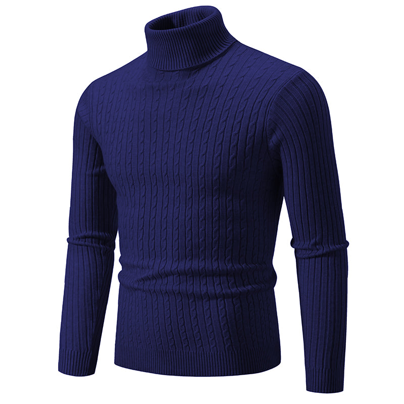Men's navy blue turtleneck cable knit pullover sweater, front view