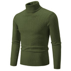 Men's olive green turtleneck cable knit pullover sweater, front view