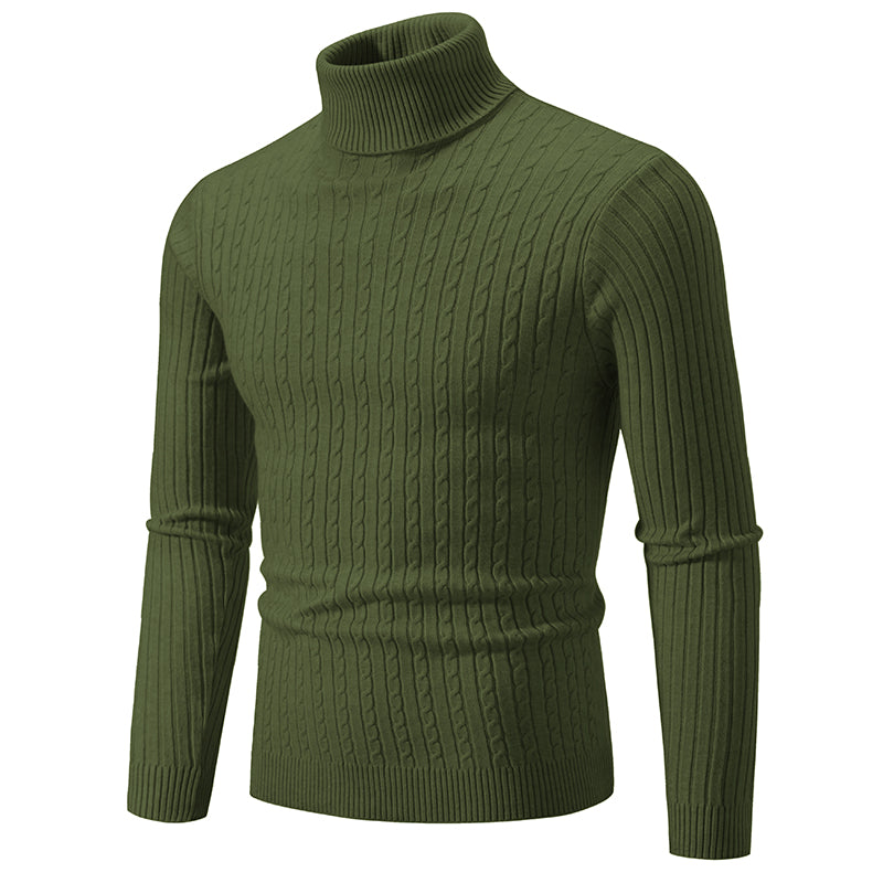 Men's olive green turtleneck cable knit pullover sweater, front view