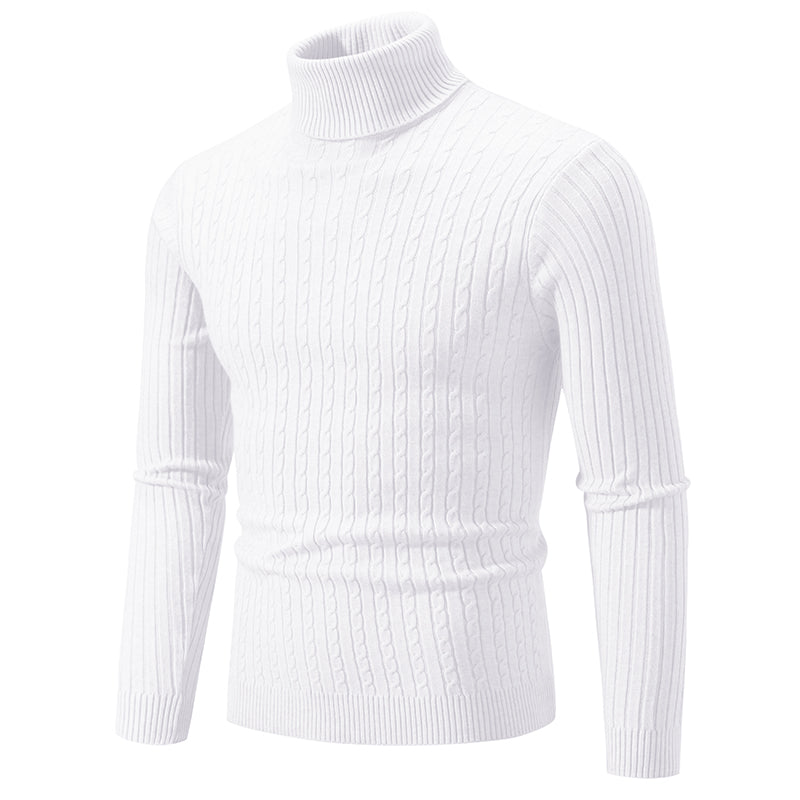 Men's white turtleneck cable knit pullover sweater, front view