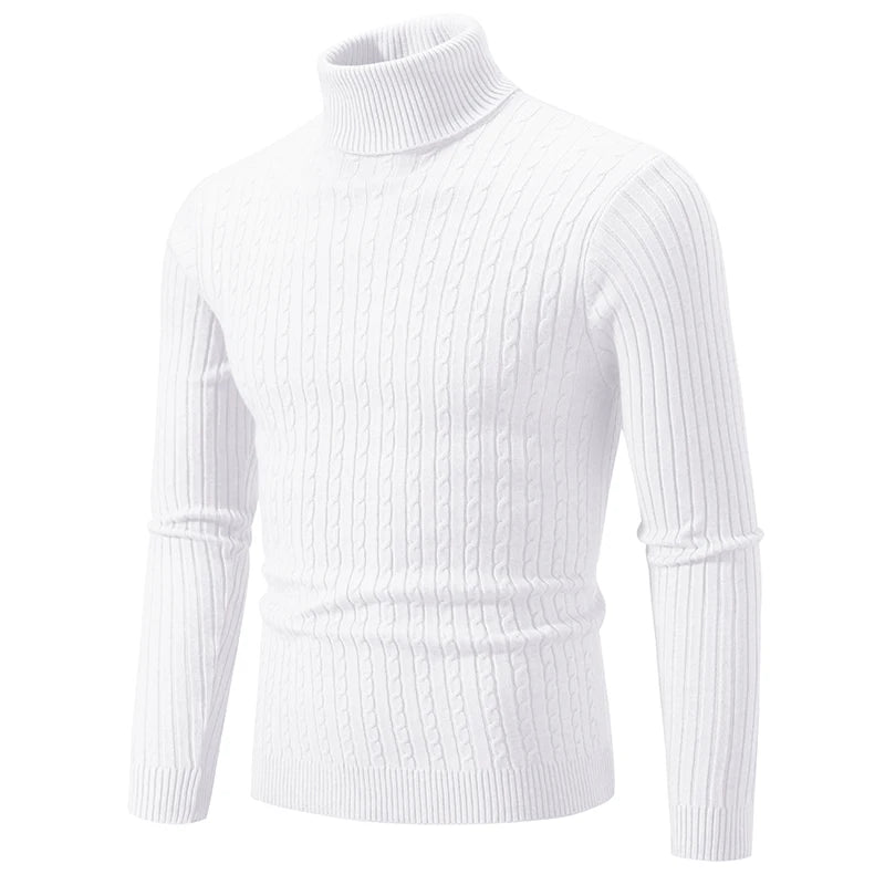 Men's white turtleneck cable knit pullover sweater, side view product shot