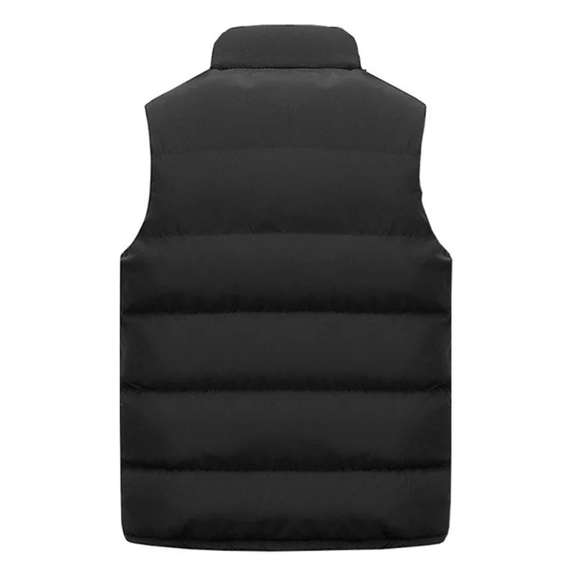 Men's black waterproof insulated sleeveless vest, back view