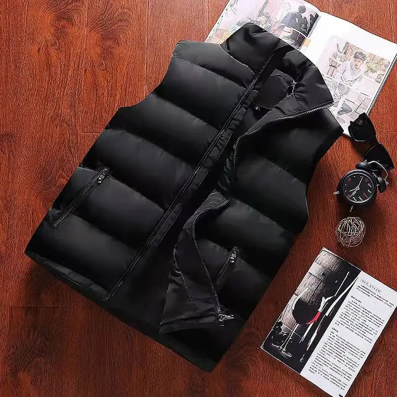 Men's black waterproof insulated vest flat lay on wooden surface with watch and magazine accessories