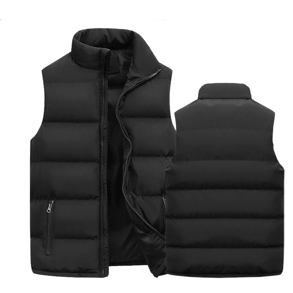 Men's black waterproof insulated sleeveless vest with zipper, front and back view