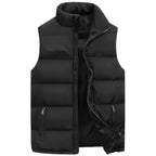 Men's black waterproof insulated sleeveless vest open front showing zip pockets detail