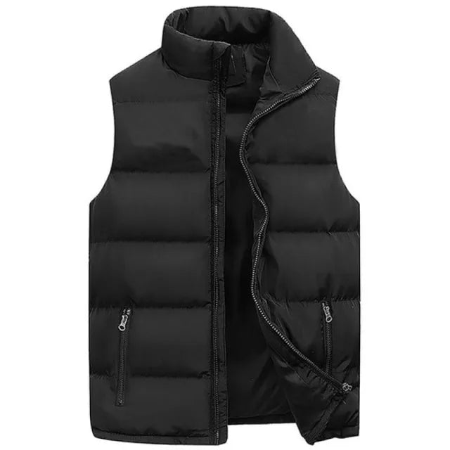 Men's black waterproof insulated sleeveless vest open front showing zip pockets detail