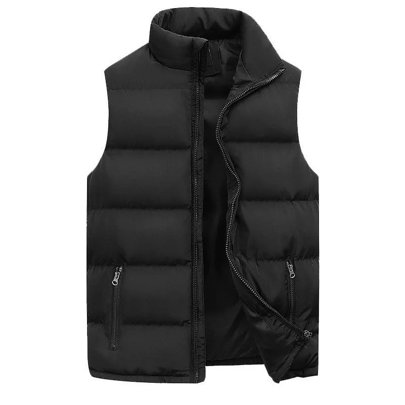 Men's black waterproof insulated sleeveless vest open front showing black interior lining